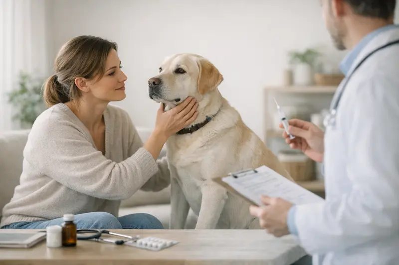 Tierarztbesuch zur Vorsorge Ein gesunder Hund wird von einem Tierarzt untersucht und erhält eine Impfung.
