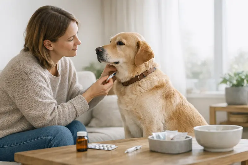 Vorsorgeleistungen in der Hundekrankenversicherung Hundehalter bespricht mit Tierarzt wichtige Vorsorgeleistungen wie Impfungen und Wurmkuren für seinen Hund.