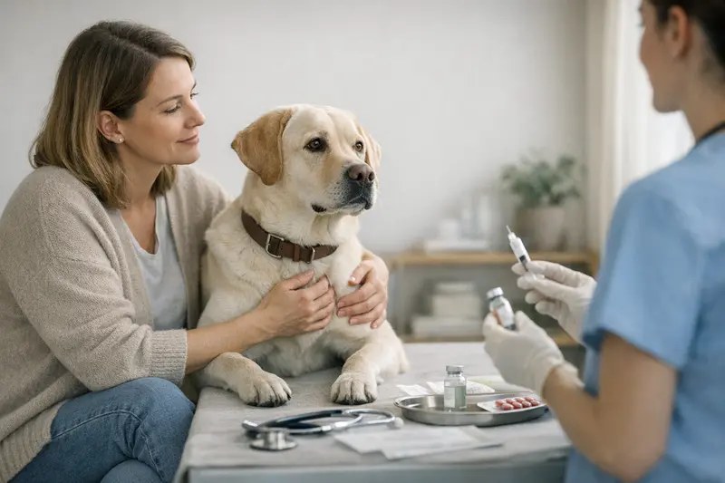 Eine glückliche Hundebesitzerin mit ihrem gesunden Hund beim Besuch beim Tierarzt in einer modernen Praxis.