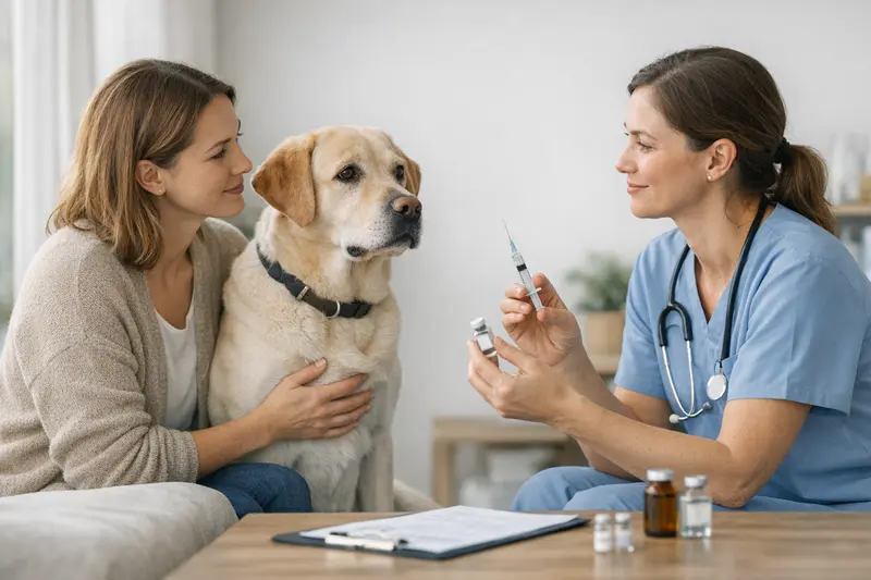 Ein Hund beim Tierarzt, der eine Impfung erhält, was für viele Hundebesitzer eine wichtige Vorsorgemaßnahme ist.