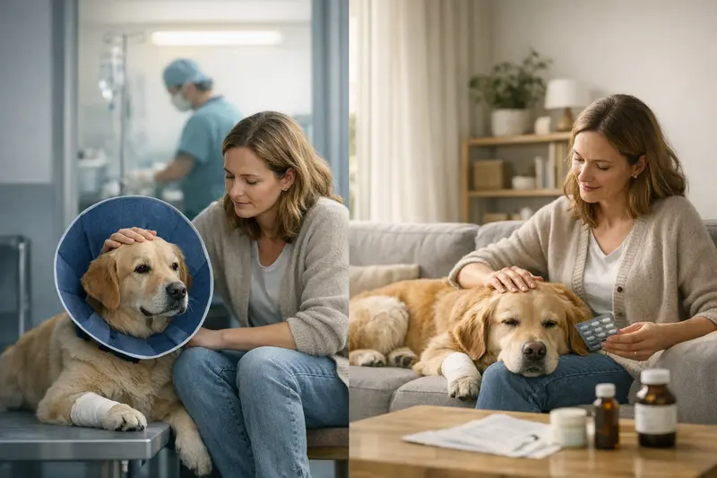 Ein Hund, der nach einer Operation liebevoll umsorgt wird, symbolisiert die Vorteile einer Hundekrankenversicherung.