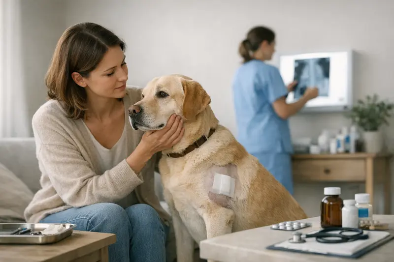 Ein glücklicher Hund beim Tierarzt, der eine Behandlung erhält und von einem Besitzer liebevoll begleitet wird.