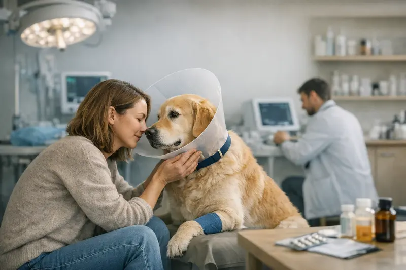 Ein Hund wird von einem Tierarzt untersucht, um die Unterschiede zwischen OP-Versicherung und Hundekrankenversicherung zu erklären.