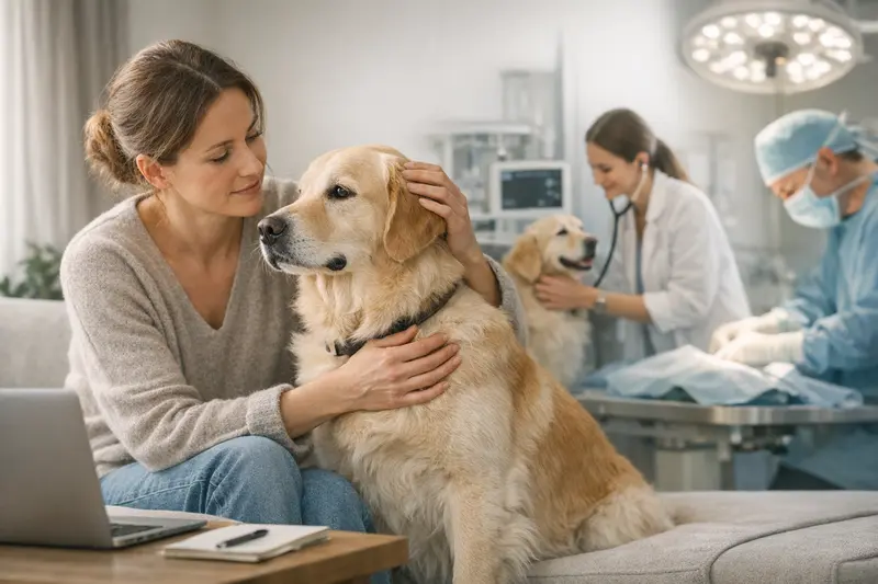 Ein Hund beim Tierarzt, umgeben von medizinischen Geräten, symbolisiert die Wahl zwischen OP-Versicherung und Hundekrankenversicherung.