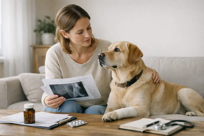 Hund mit Tierarzt - Vorerkrankungen in der Versicherung Ein Hund, der Tierarztmedizin erhält, mit Fokus auf Vorerkrankungen und deren Absicherung in der Hundekrankenversicherung.