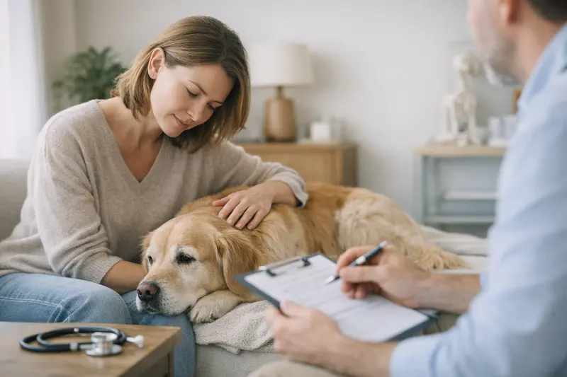 Hund und Tierarztgespräch zur Krankenversicherung Ein Hundebesitzer spricht mit einem Tierarzt über Vorerkrankungen seines Hundes und die Versicherungsmöglichkeiten.