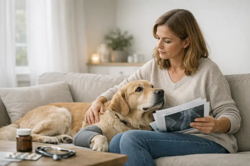Hundekrankenversicherung und Vorerkrankungen Hund mit Tierarzt, der ein Vorerkrankungsformular bespricht.