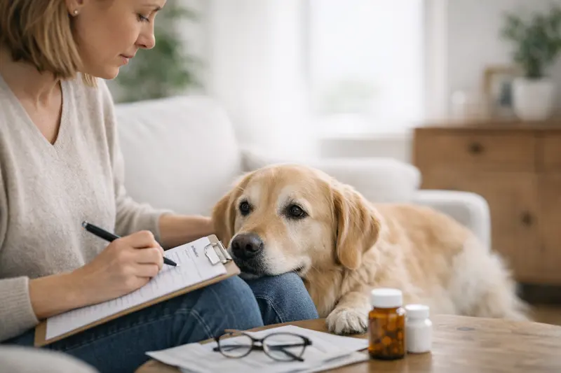 Ein Hund liegt entspannt beim Tierarzt, während eine Behandlung diskutiert wird, die durch eine Vorerkrankung beeinflusst werden könnte.