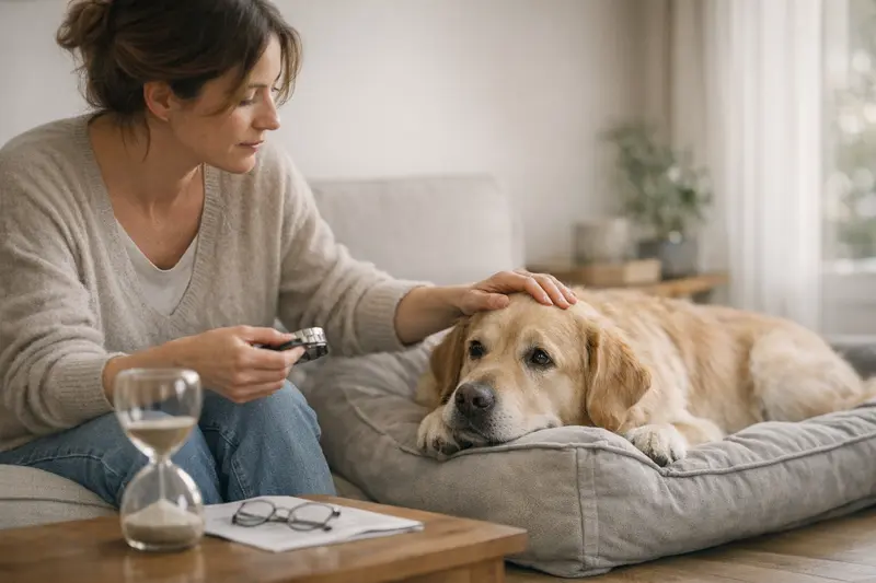 Ein Hund beim Tierarzt, der auf die Wartezeiten der Hundekrankenversicherung hingewiesen wird.