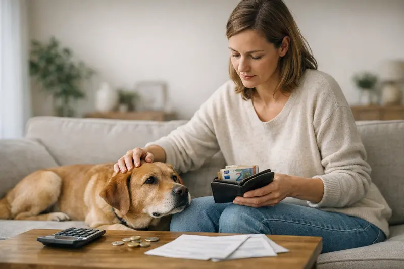 Ein Tierarzt prüft einen Hund, um die Auswirkungen der Selbstbeteiligung auf die Kosten zu erläutern.