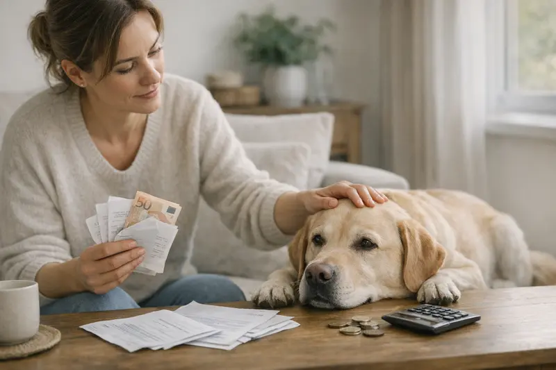 Hund mit Verband beim Tierarzt zur Klärung von Behandlungskosten und Selbstbeteiligung.