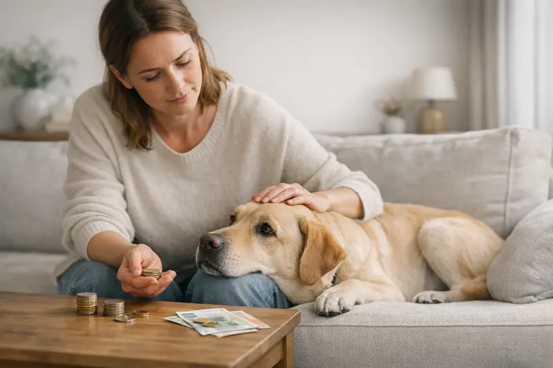 Selbstbeteiligung in der Hundekrankenversicherung Ein Hund untersucht neugierig eine Rechnung vom Tierarzt, die die Selbstbeteiligung in der Hundekrankenversicherung aufführt.