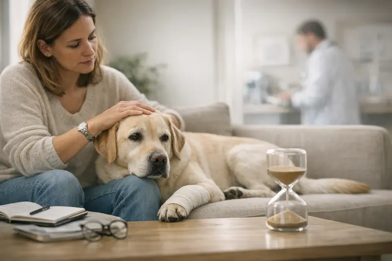 Ein Hund sitzt beim Tierarzt und wartet auf eine Behandlung.