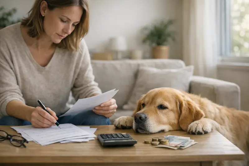 Selbstbeteiligung in der Hundekrankenversicherung Ein Hund beim Tierarzt, der seine Gesundheit überprüfen lässt, während die Wichtigkeit der Selbstbeteiligung besprochen wird.