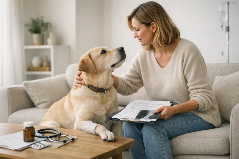 Vergleich Hundekrankenversicherung Hundehalter vergleicht verschiedene Hundekrankenversicherungen auf einem digitalen Gerät.