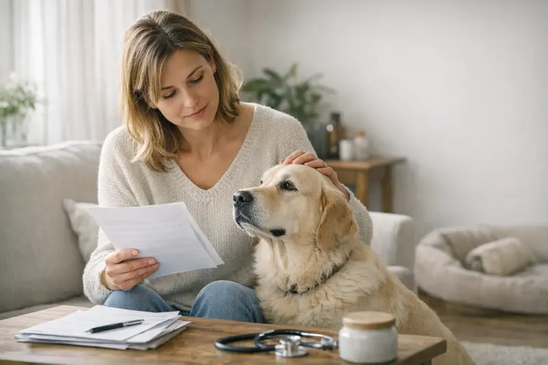 Vorsorgeuntersuchung Hund Hund beim Tierarzt zur Vorsorgeuntersuchung mit Besitzer.