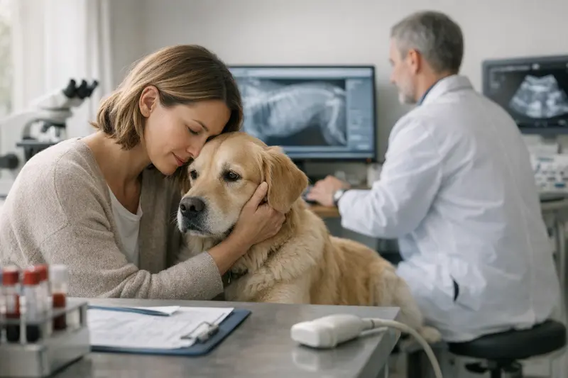 Diagnostik in der Hundekrankenversicherung Ein Hund wird im Tierarztpraxis für eine Laboruntersuchung vorbereitet.
