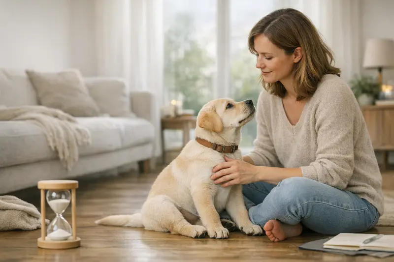 Tierarztbesuch für Hund Ein glücklicher Hund mit einem Tierarzt, der einen Gesundheitscheck durchführt.
