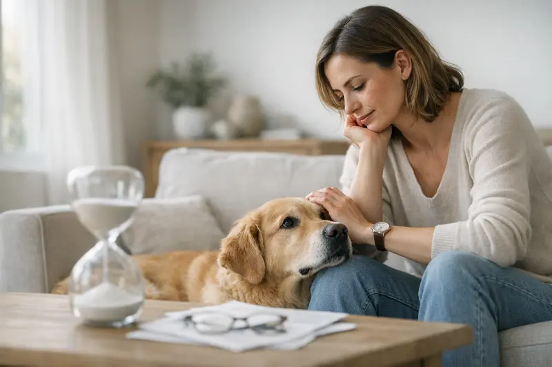 Ein Hund beim Tierarzt mit einem besorgten Halter, während Informationen zu Wartezeiten in der Hundekrankenversicherung erläutert werden.