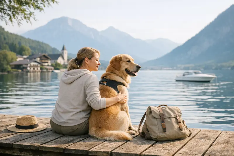 Ein glücklicher Hund in einer Urlaubsumgebung, der die Vorteile einer internationalen Hundekrankenversicherung symbolisiert.
