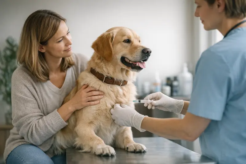 Hundearzt mit einem Hund bei der Impfberatung, die die Bedeutung von Vorsorgemaßnahmen bei Hundekrankenversicherungen betont.