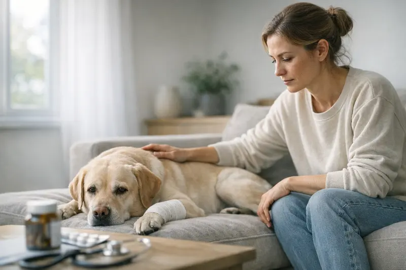 Hundehalterin betrachtet Unterlagen zur Tierkrankenversicherung und Wartezeiten.