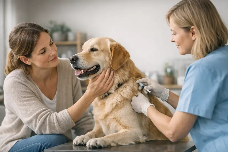 Vorsorgeuntersuchung für Hunde Ein Hund wird von einem Tierarzt während einer Vorsorgeuntersuchung untersucht.