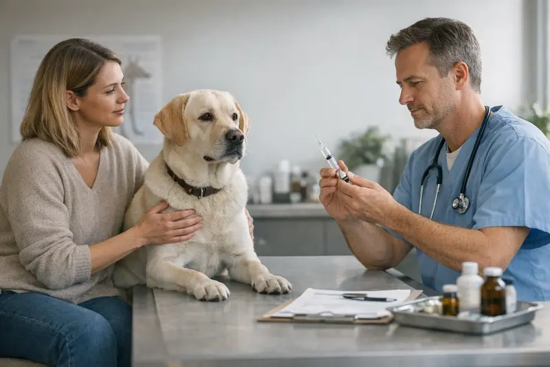 Tierärztliche Beratung zur Vorsorge Eine Tierärztin berät einen Hundebesitzer über Vorsorgeleistungen einer Tierkrankenversicherung.