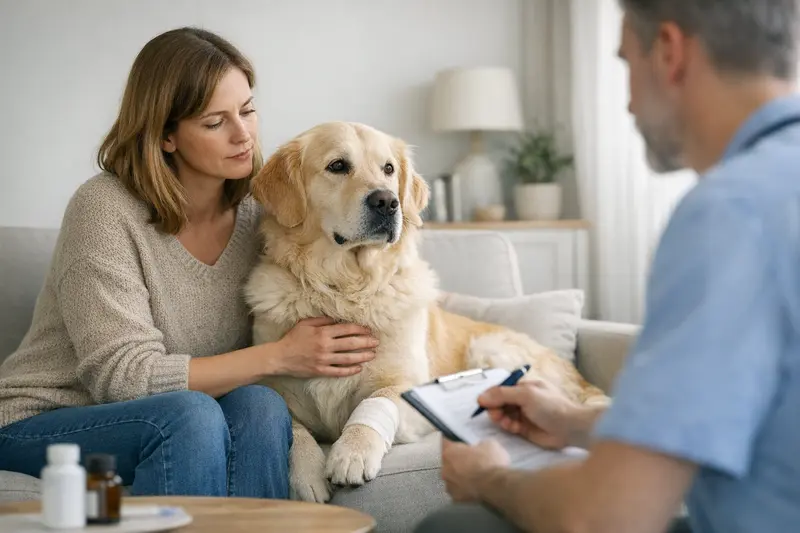 Hund mit vorbestehender Erkrankung beim Tierarzt Ein Tierarzt untersucht einen Hund mit einer vorbestehenden Erkrankung.
