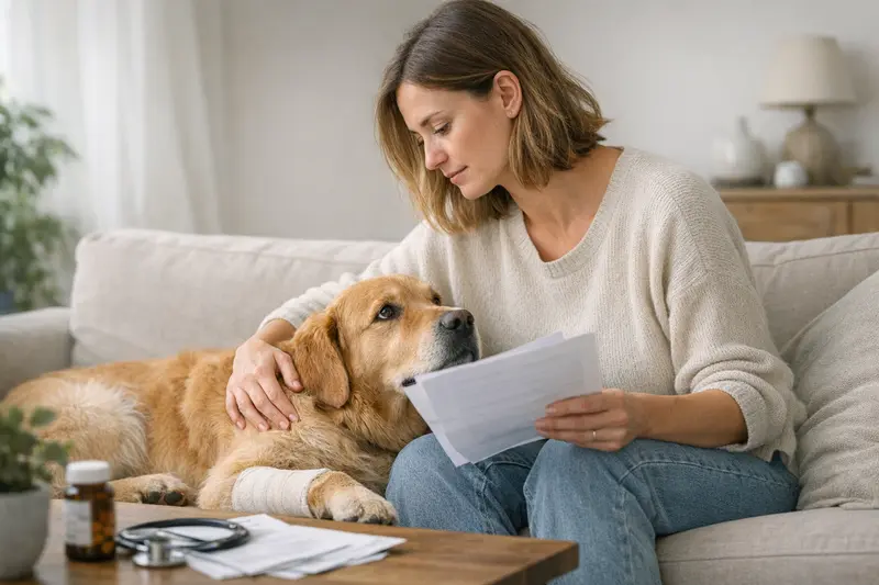 Tierarzttest bei Vorerkrankungen Ein Hundefreundliche Tierärztin untersucht einen Hund mit medizinischen Unterlagen.