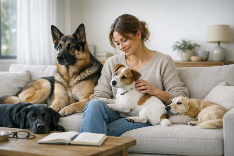 Zwei Hunde unterschiedlicher Rassen, die friedlich zusammenliegen und von einem Tierarzt untersucht werden, um die Bedeutung einer Hundekrankenversicherung zu verdeutlichen.