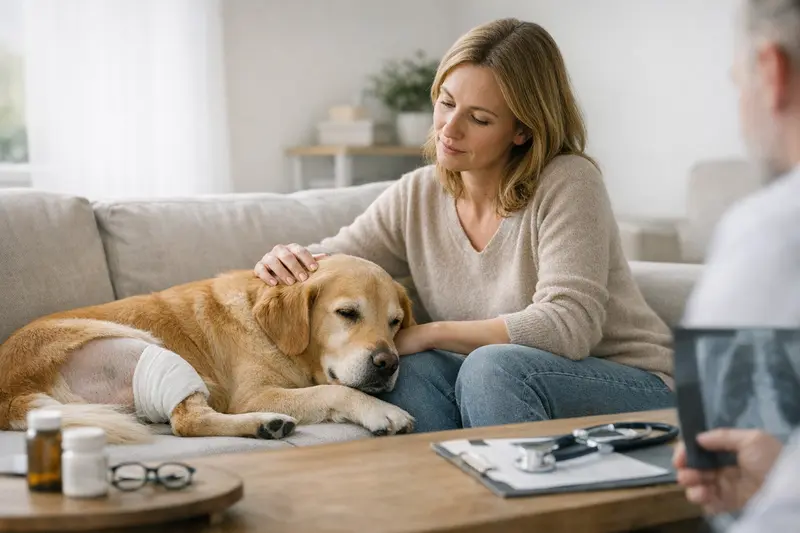 Ein glücklicher Hund beim Tierarzt, der sich einer Untersuchung unterzieht, während der Tierhalter besorgt zuschaut.