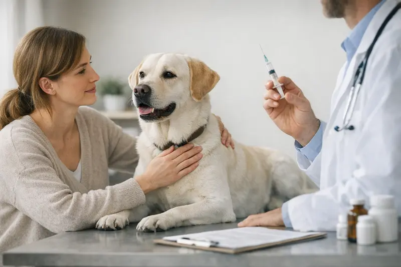 Ein Hund während einer Untersuchung beim Tierarzt, der die Bedeutung von Vorsorgeleistungen für die Gesundheit des Haustiers verdeutlicht.