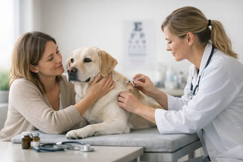 Vorsorgeleistungen für Hunde: Impfungen und Gesundheitschecks Ein Hund erhält eine Impfung beim Tierarzt als Teil seiner Vorsorgeleistungen.