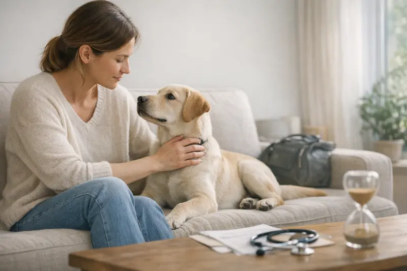 Hundebesitzer mit glücklichem Hund Eine glückliche Familie mit ihrem Hund, der gesund und verspielt auf einer Wiese ist, symbolisiert den Wert einer Hundversicherung.