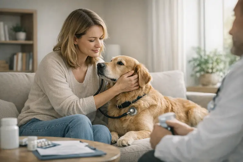 Vorsorge für Hunde - Gesundheit im Fokus Ein glücklicher Hund beim Tierarzt, der regelmäßig untersucht wird.