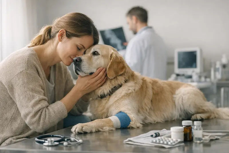 Hundekrankenversicherung Leistungsdetails Ein Hundebesitzer bespricht mit einem Tierarzt die Leistungen einer Hundekrankenversicherung.