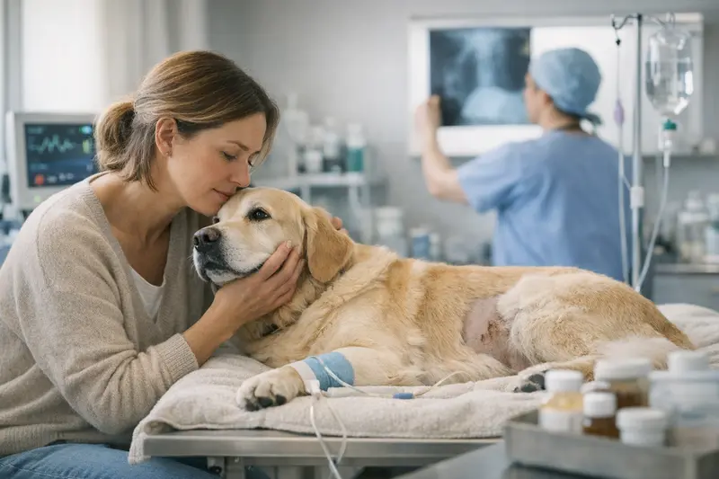 Hohe Tierarztkosten beim Hund Tierarzt bei der Untersuchung eines Hundes wegen hoher Tierarztkosten