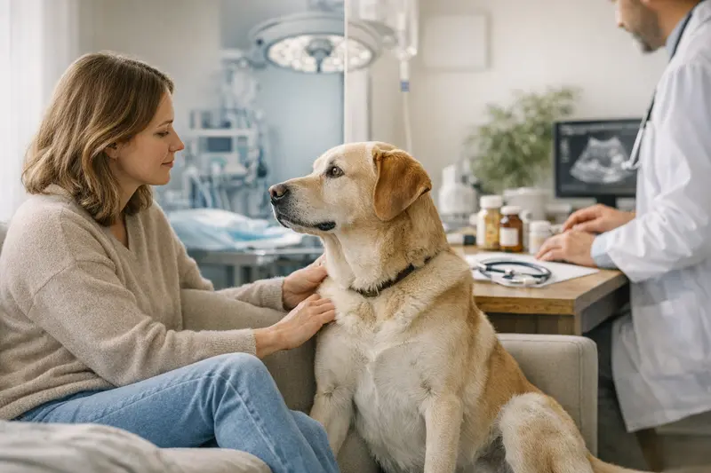 Ein Hund beim Tierarzt zur Untersuchung und Behandlung, um Gesundheit und Vorsorge zu gewährleisten.
