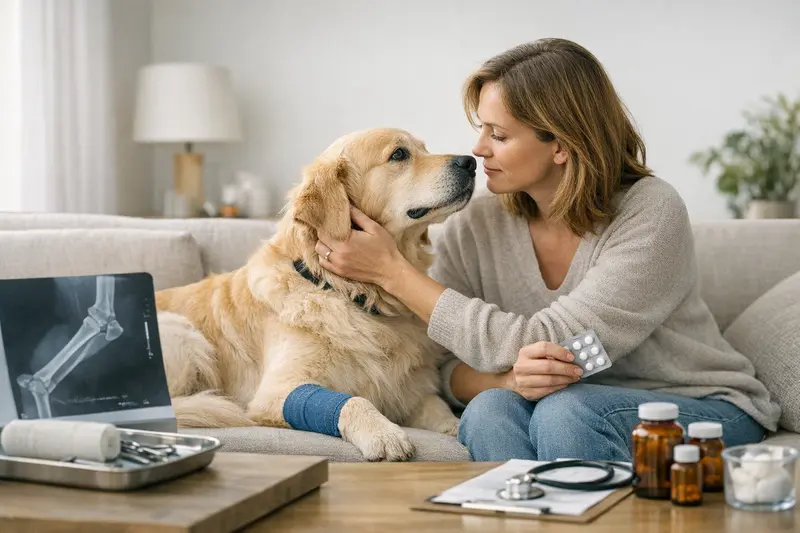 Eine glückliche Hundebesitzerin mit ihrem gesunden Hund nach einem Tierarztbesuch, der eine Krankheitsbehandlung abdeckt.