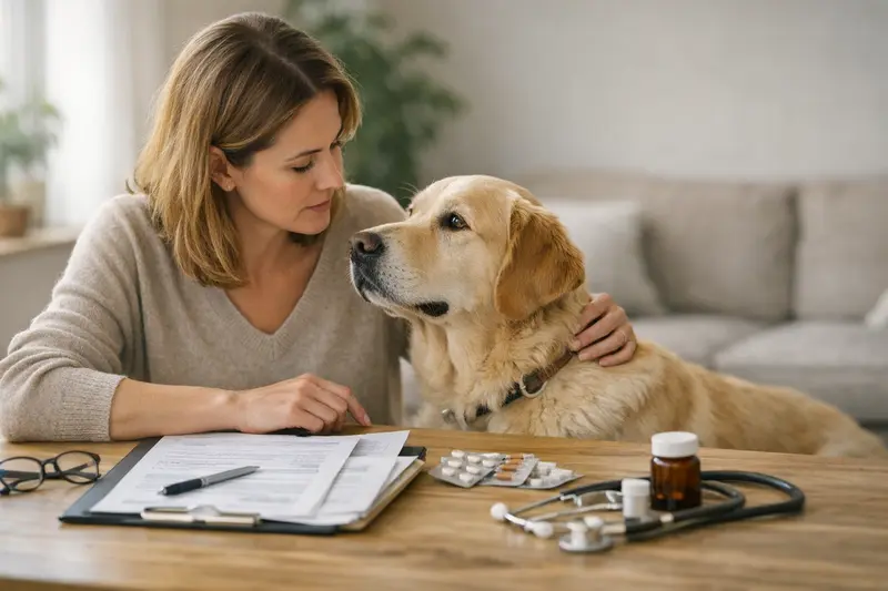 Tarifvergleich Hundekrankenversicherung Hundebesitzer vergleicht verschiedene Tarife für eine Hundekrankenversicherung am Laptop.