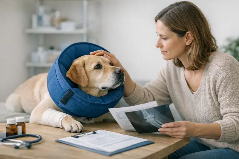 Tierarztbesuch für Hundekrankenversicherung Ein Tierarzt untersucht einen Hund auf einem Untersuchungstisch.