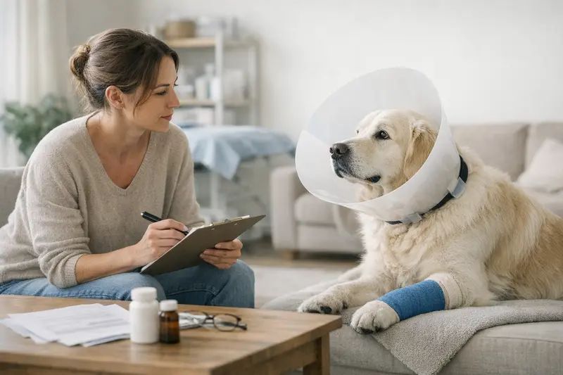 Tierarztuntersuchung bei Hund Ein erfahrener Tierarzt untersucht einen Hund auf mögliche gesundheitliche Probleme, um die Notwendigkeit einer Operation zu beurteilen.