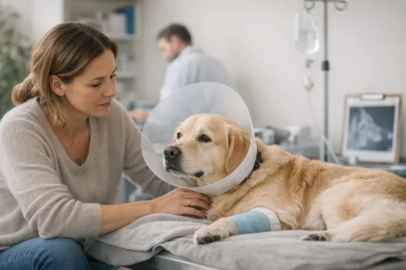 Ein Hund beim Tierarzt, der untersucht wird, um die Notwendigkeit einer Operation zu klären.