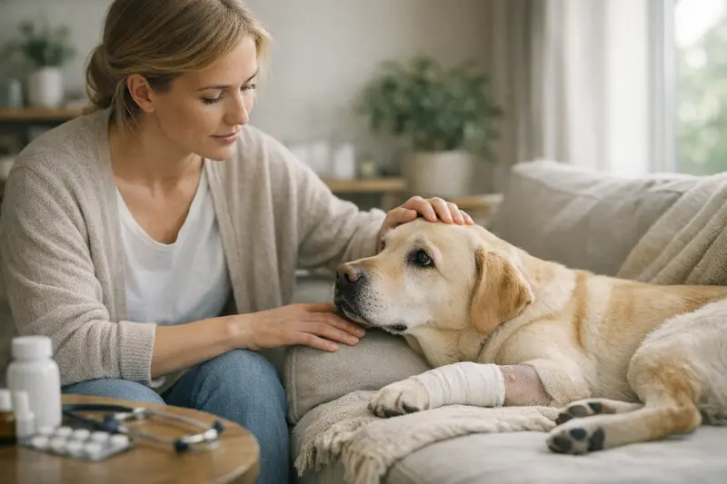 Hundefotos nach einer OP Ein Hund mit einem Verband nach einer Operation liegt friedlich auf einem Sofa, umgeben von einem sicheren und liebevollen Umfeld.