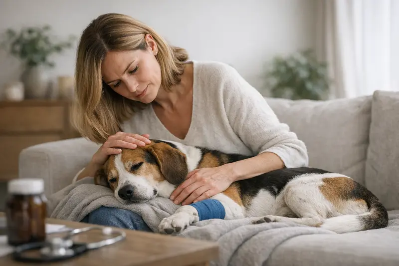 Tierarzt-Gespräch über bestehende Erkrankungen Hundehalter bespricht Gesundheitsfragen mit Tierarzt hinsichtlich bestehender Erkrankungen.