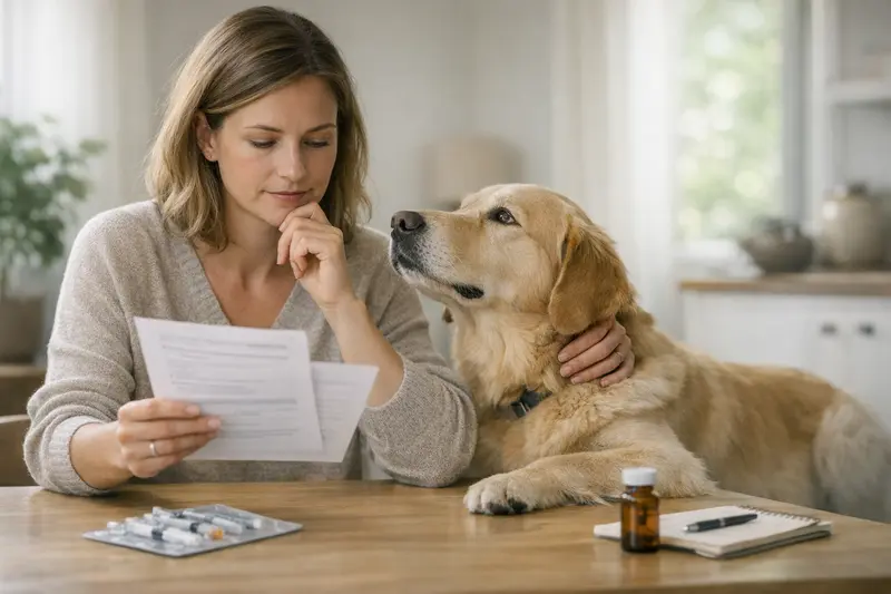 Tierarzt, der einen Hund für die Impfung vorbereitet, um Vorsorgeleistungen zu besprechen.