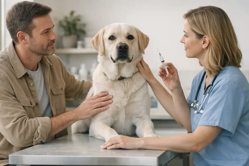 Vorsorgeleistungen in der Hundekrankenversicherung Tierarzt führt eine Impfung bei einem Hund durch, um Vorsorgeleistungen in der Hundekrankenversicherung zu veranschaulichen.