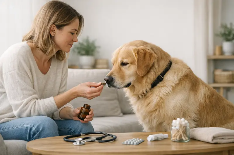 Ein Hund beim Tierarzt, der eine Vorsorgeuntersuchung erhält.