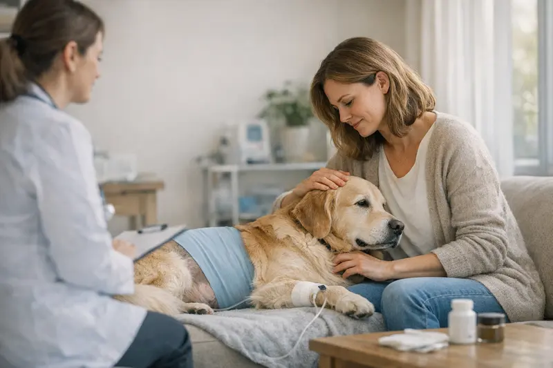 Ein Hund in einer Tierarztpraxis während einer Voruntersuchung für eine Operation.